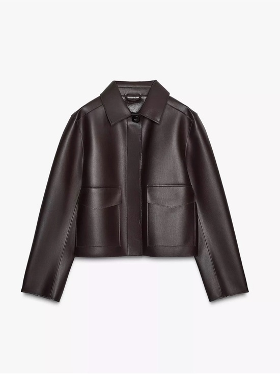 Jackets & Blazers - Zara Brown Faux Leather Cropped Jacket